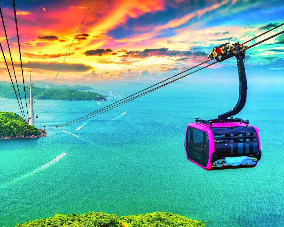 Cable car over turquoise sea near Phu Quoc